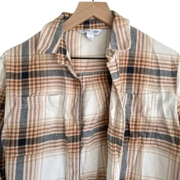 Old Navy Flannel Boyfriend Button-Down Shirt Cream Plaid Small - Picture 4 of 8